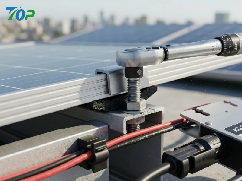 Close-up of stainless steel clamps and waterproof sealing in plug-in solar system